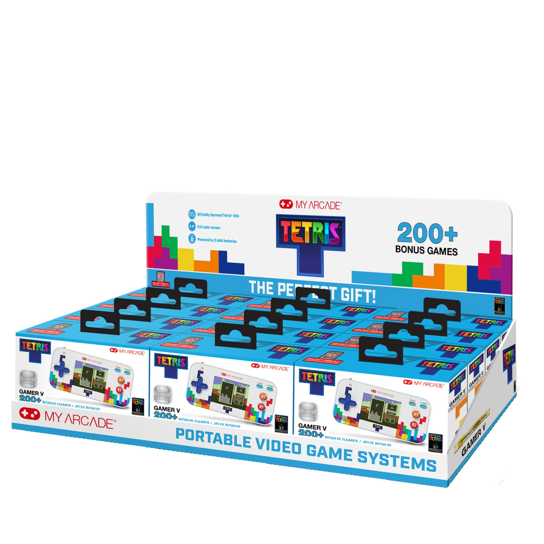 Display box featuring My Arcade Tetris Portable Video Game Systems, highlighting 200+ bonus games, retro-style handheld consoles, and colorful Tetris block graphics with the tagline 'The Perfect Gift!'"
