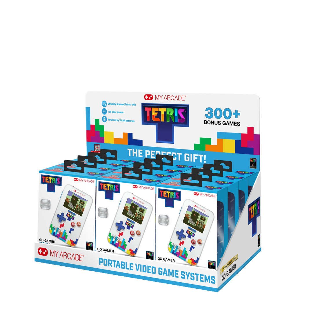 Display box featuring My Arcade Tetris Portable Video Game Systems, highlighting 200+ bonus games, retro-style handheld consoles, and colorful Tetris block graphics with the tagline 'The Perfect Gift!'"