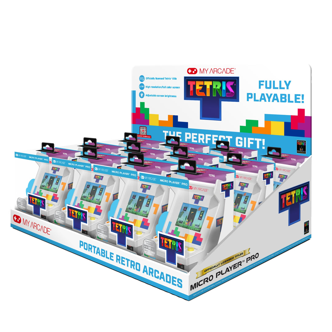 Display box featuring My Arcade Tetris Portable Video Game Systems, highlighting 200+ bonus games, retro-style handheld consoles, and colorful Tetris block graphics with the tagline 'The Perfect Gift!'"
