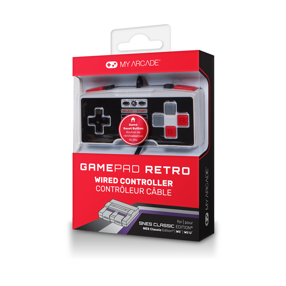 Package front view of GamePad Retro wired controller for NES Classic Edition®