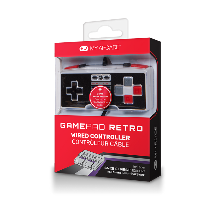 Package front view of GamePad Retro wired controller for NES Classic Edition®