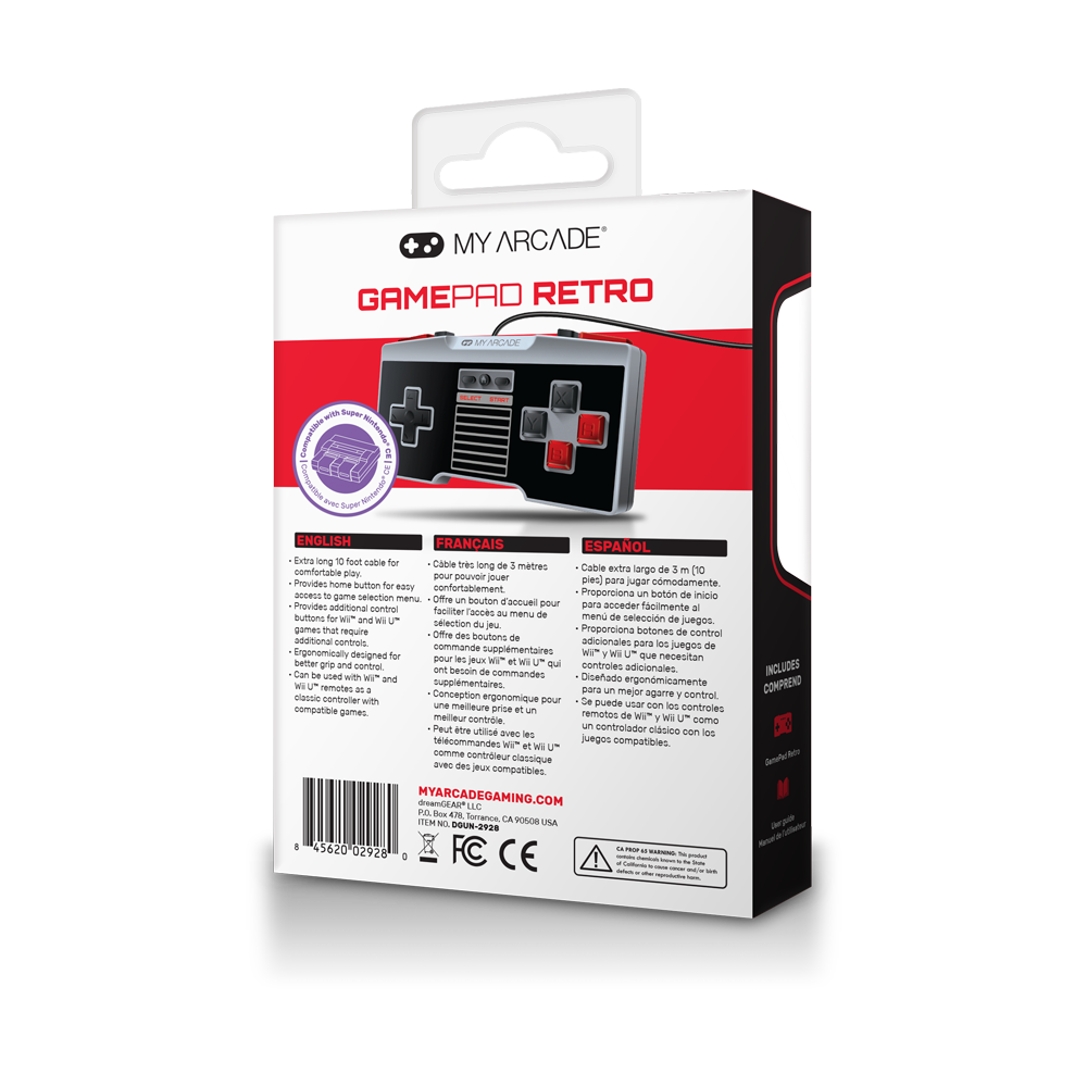 Package rear view of GamePad Retro wired controller for NES Classic Edition®